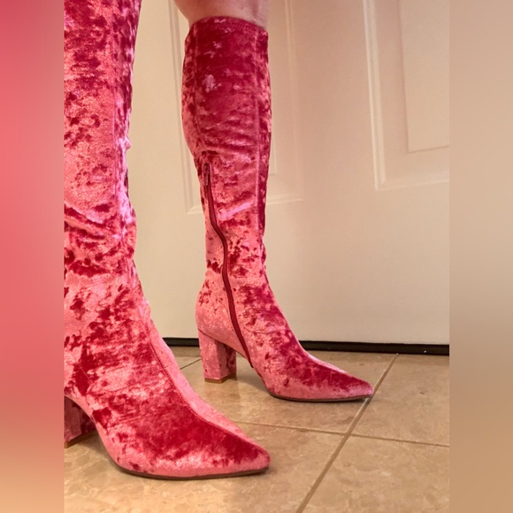 PINK VELVET zip-up stretch boots. 3” heel. SIZE 38. BRAND NEW NEVER WORN. - Picture 1 of 8